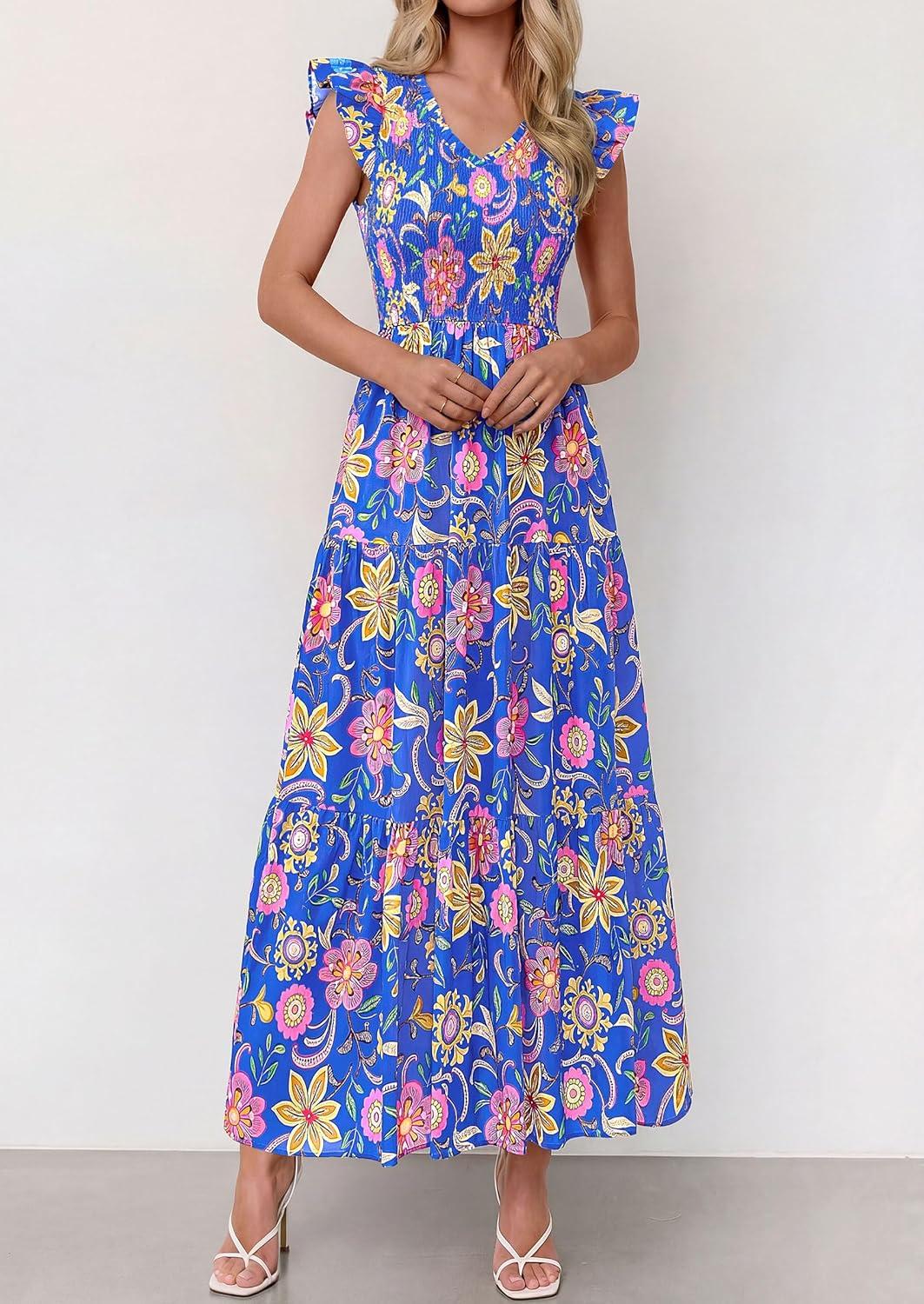 imagePRETTYGARDEN Womens Boho Floral Maxi Dress 2026 Summer Smocked V Neck Ruffle Sleeve Spring Flowy Beach Vacation SundressesBlue