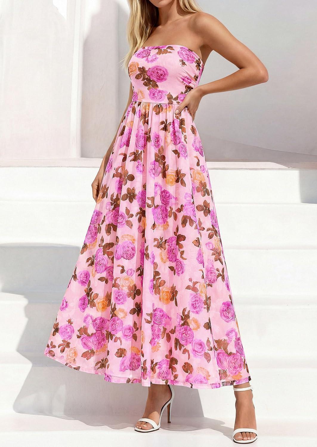 imagePRETTYGARDEN Womens Boho Maxi Dress 2026 Summer Floral Tube Strapless Spring Wedding Guest Cocktail Long DressesFloral Apricot Pink