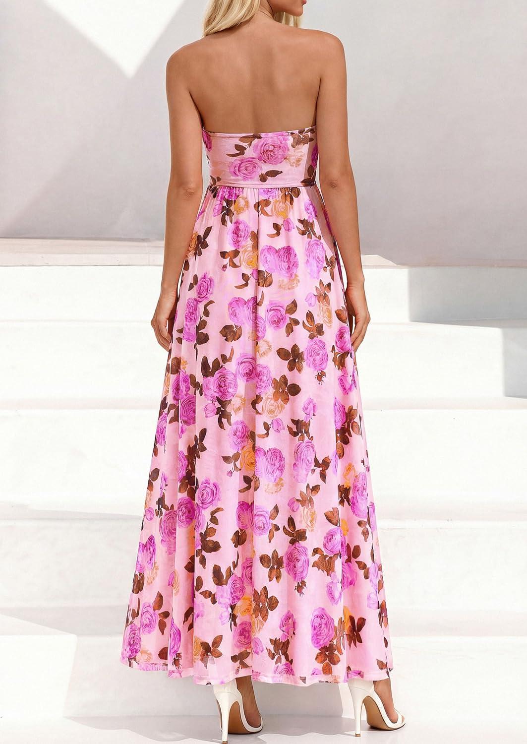 imagePRETTYGARDEN Womens Boho Maxi Dress 2026 Summer Floral Tube Strapless Spring Wedding Guest Cocktail Long DressesFloral Apricot Pink