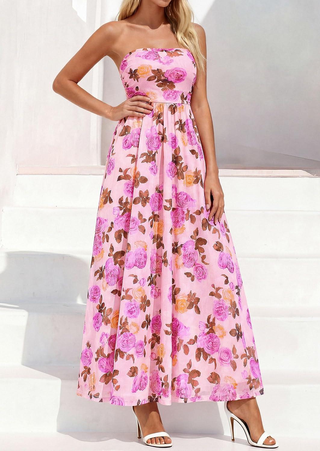 imagePRETTYGARDEN Womens Boho Maxi Dress 2026 Summer Floral Tube Strapless Spring Wedding Guest Cocktail Long DressesFloral Apricot Pink