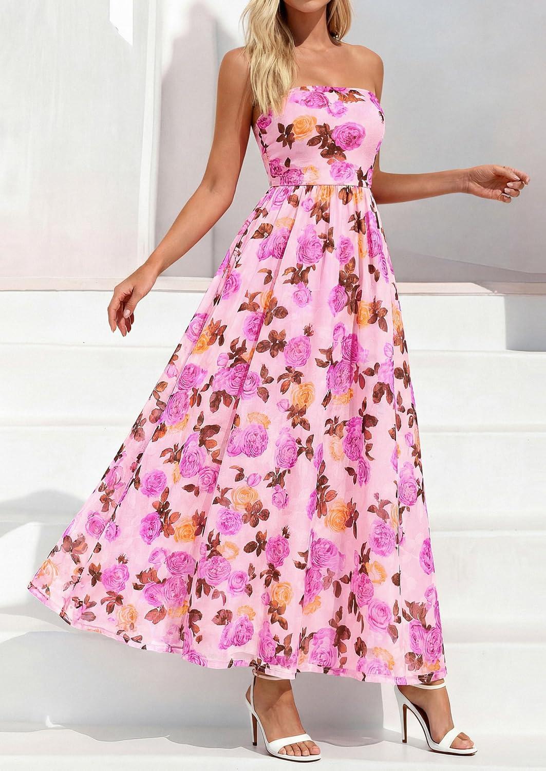 imagePRETTYGARDEN Womens Boho Maxi Dress 2026 Summer Floral Tube Strapless Spring Wedding Guest Cocktail Long DressesFloral Apricot Pink