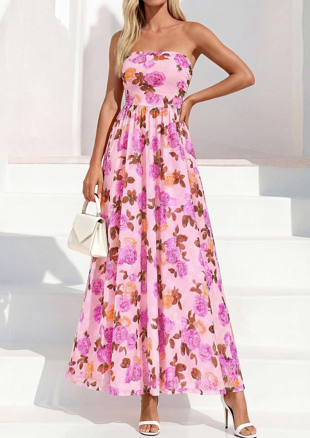 imagePRETTYGARDEN Womens Boho Maxi Dress 2026 Summer Floral Tube Strapless Spring Wedding Guest Cocktail Long DressesFloral Apricot Pink