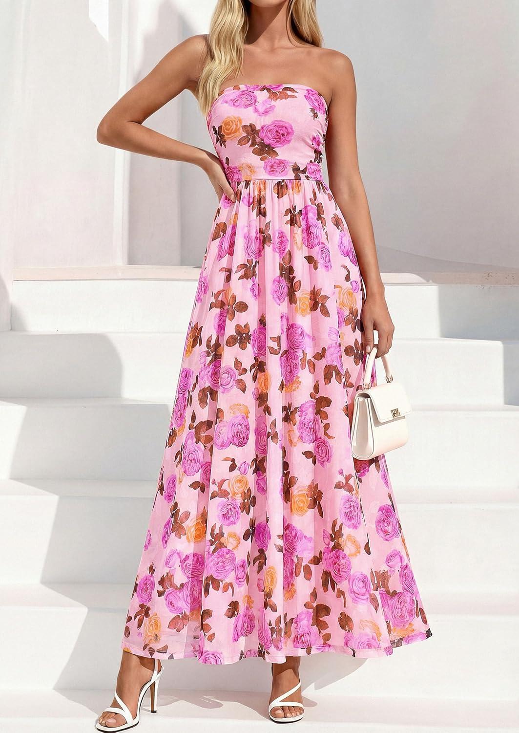 imagePRETTYGARDEN Womens Boho Maxi Dress 2026 Summer Floral Tube Strapless Spring Wedding Guest Cocktail Long DressesFloral Apricot Pink