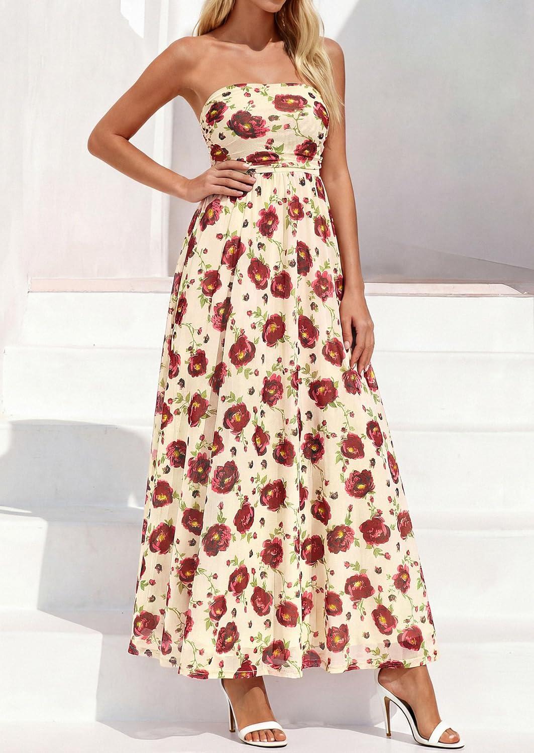 imagePRETTYGARDEN Womens Boho Maxi Dress 2026 Summer Floral Tube Strapless Spring Wedding Guest Cocktail Long DressesFloral Apricot Red