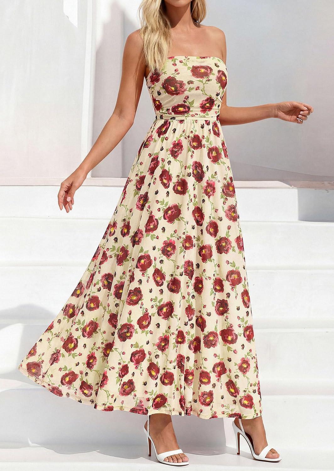 imagePRETTYGARDEN Womens Boho Maxi Dress 2026 Summer Floral Tube Strapless Spring Wedding Guest Cocktail Long DressesFloral Apricot Red