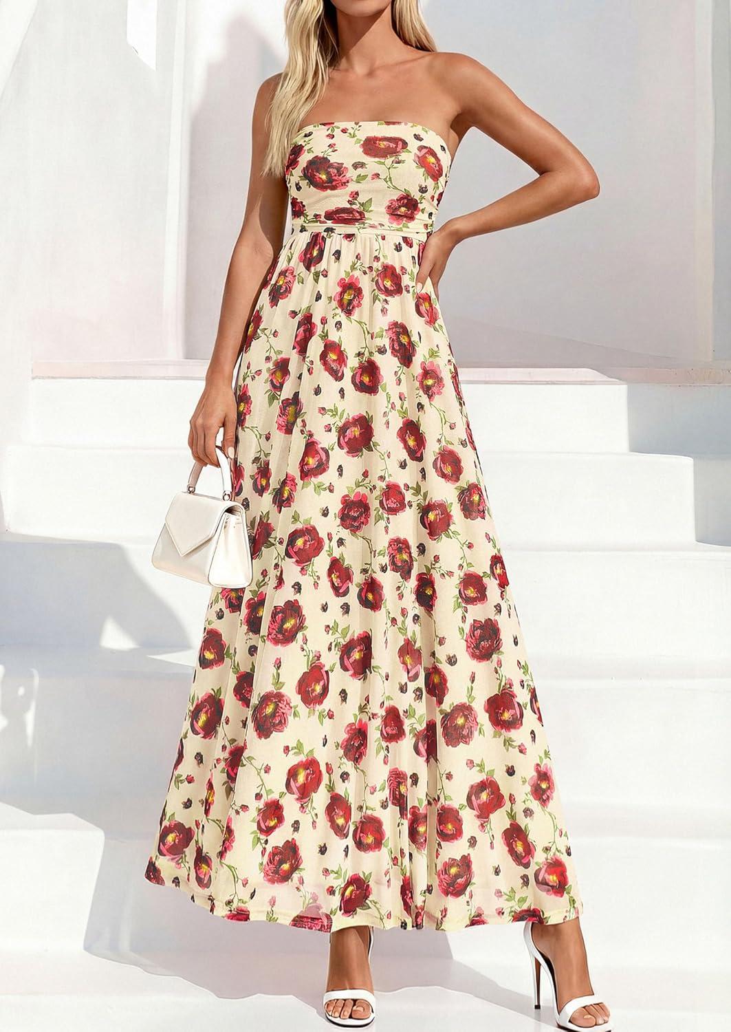 imagePRETTYGARDEN Womens Boho Maxi Dress 2026 Summer Floral Tube Strapless Spring Wedding Guest Cocktail Long DressesFloral Apricot Red