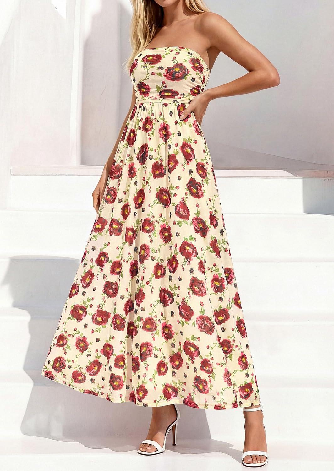 imagePRETTYGARDEN Womens Boho Maxi Dress 2026 Summer Floral Tube Strapless Spring Wedding Guest Cocktail Long DressesFloral Apricot Red