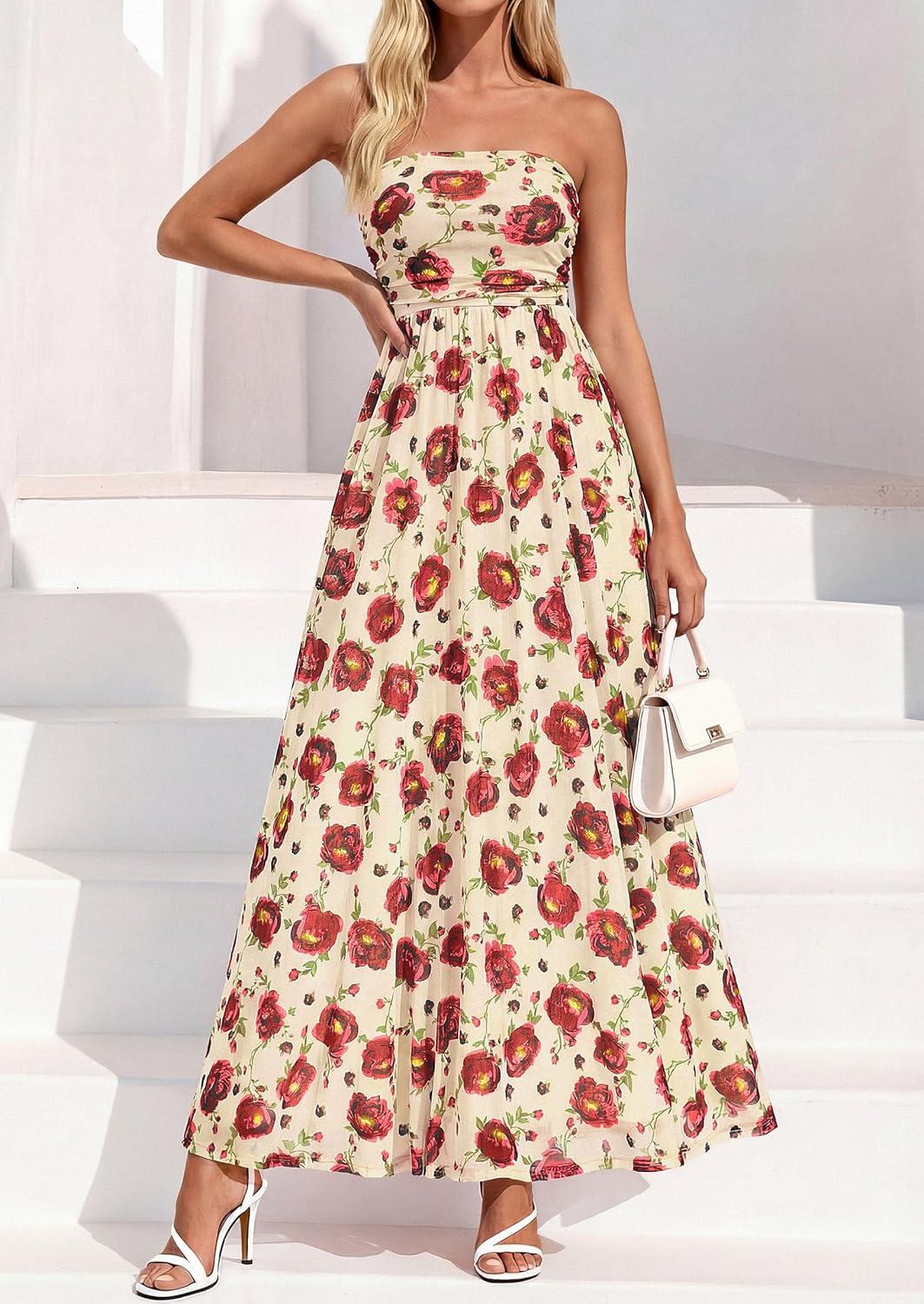 imagePRETTYGARDEN Womens Boho Maxi Dress 2026 Summer Floral Tube Strapless Spring Wedding Guest Cocktail Long DressesFloral Apricot Red