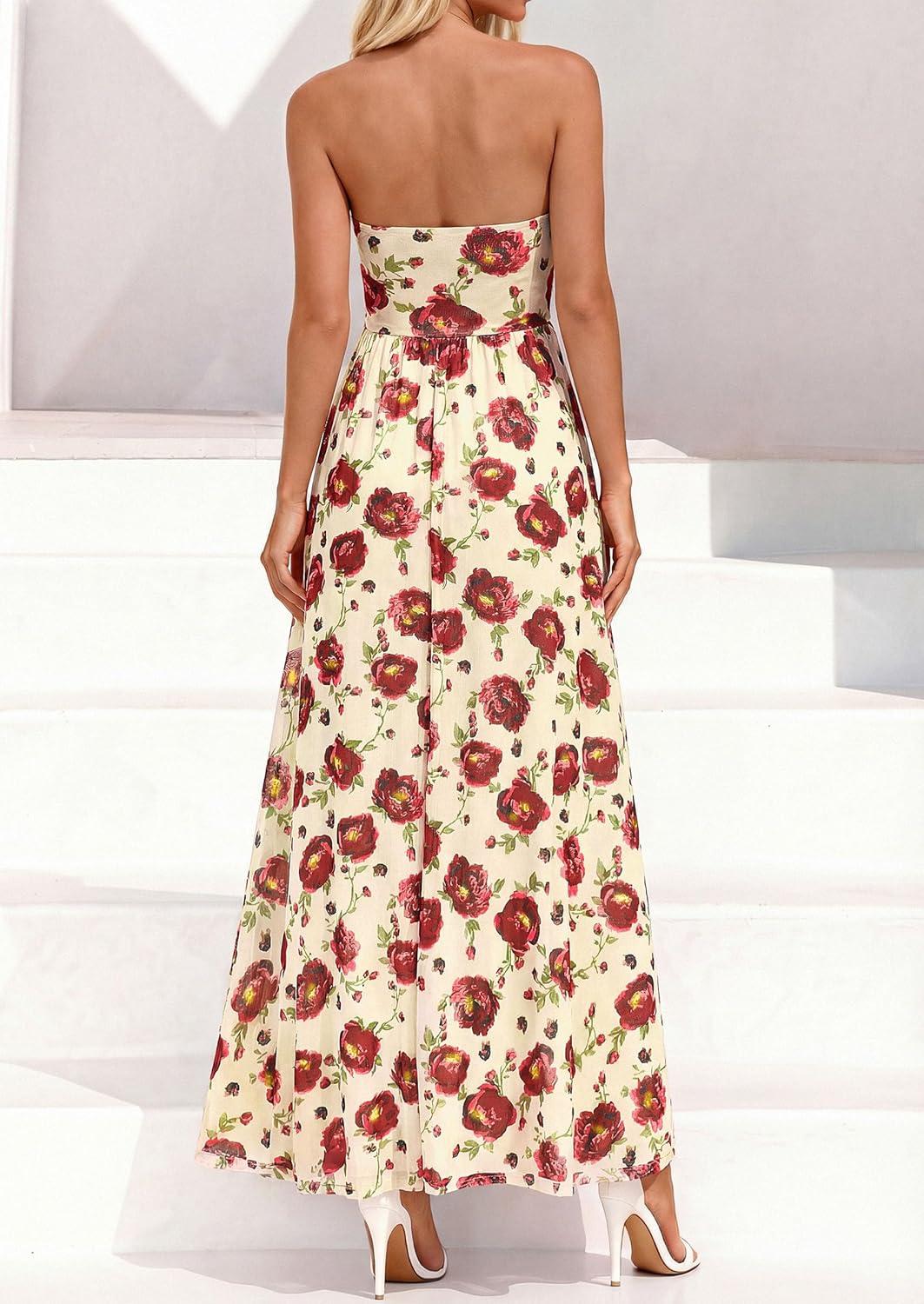 imagePRETTYGARDEN Womens Boho Maxi Dress 2026 Summer Floral Tube Strapless Spring Wedding Guest Cocktail Long DressesFloral Apricot Red