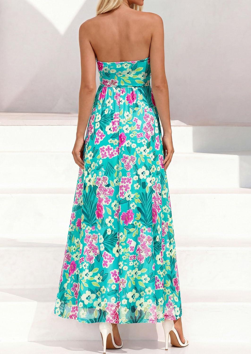 imagePRETTYGARDEN Womens Boho Maxi Dress 2026 Summer Floral Tube Strapless Spring Wedding Guest Cocktail Long DressesFloral Blue Green