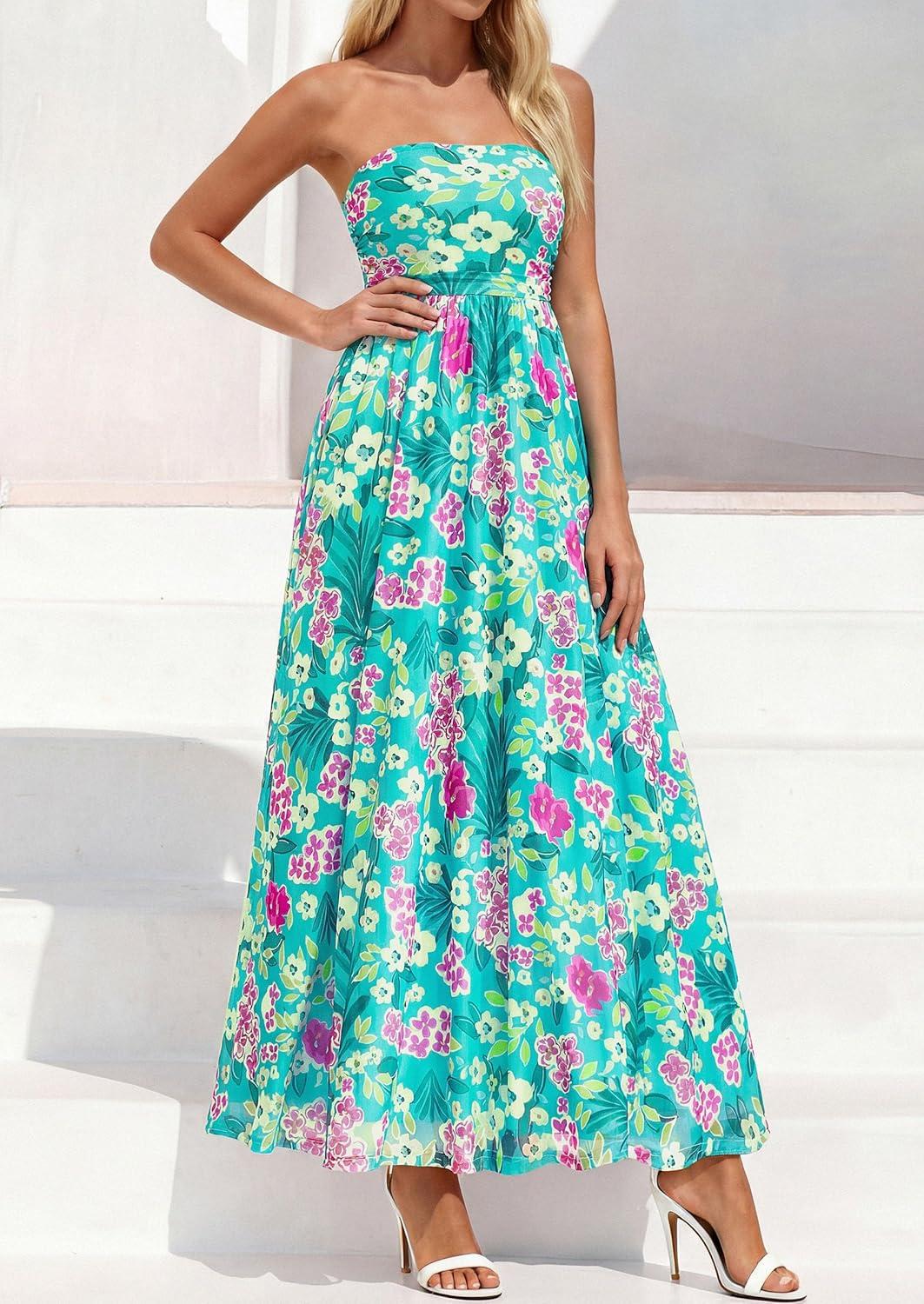 imagePRETTYGARDEN Womens Boho Maxi Dress 2026 Summer Floral Tube Strapless Spring Wedding Guest Cocktail Long DressesFloral Blue Green