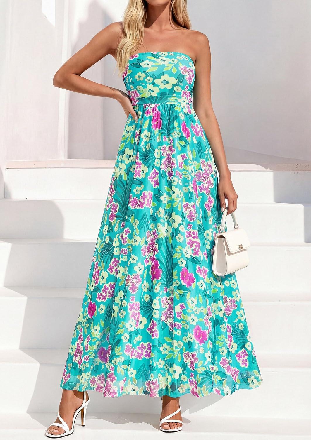imagePRETTYGARDEN Womens Boho Maxi Dress 2026 Summer Floral Tube Strapless Spring Wedding Guest Cocktail Long DressesFloral Blue Green