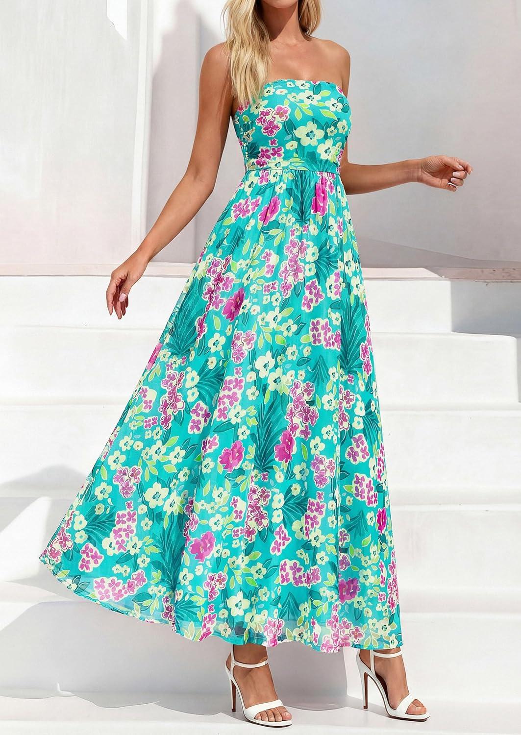 imagePRETTYGARDEN Womens Boho Maxi Dress 2026 Summer Floral Tube Strapless Spring Wedding Guest Cocktail Long DressesFloral Blue Green
