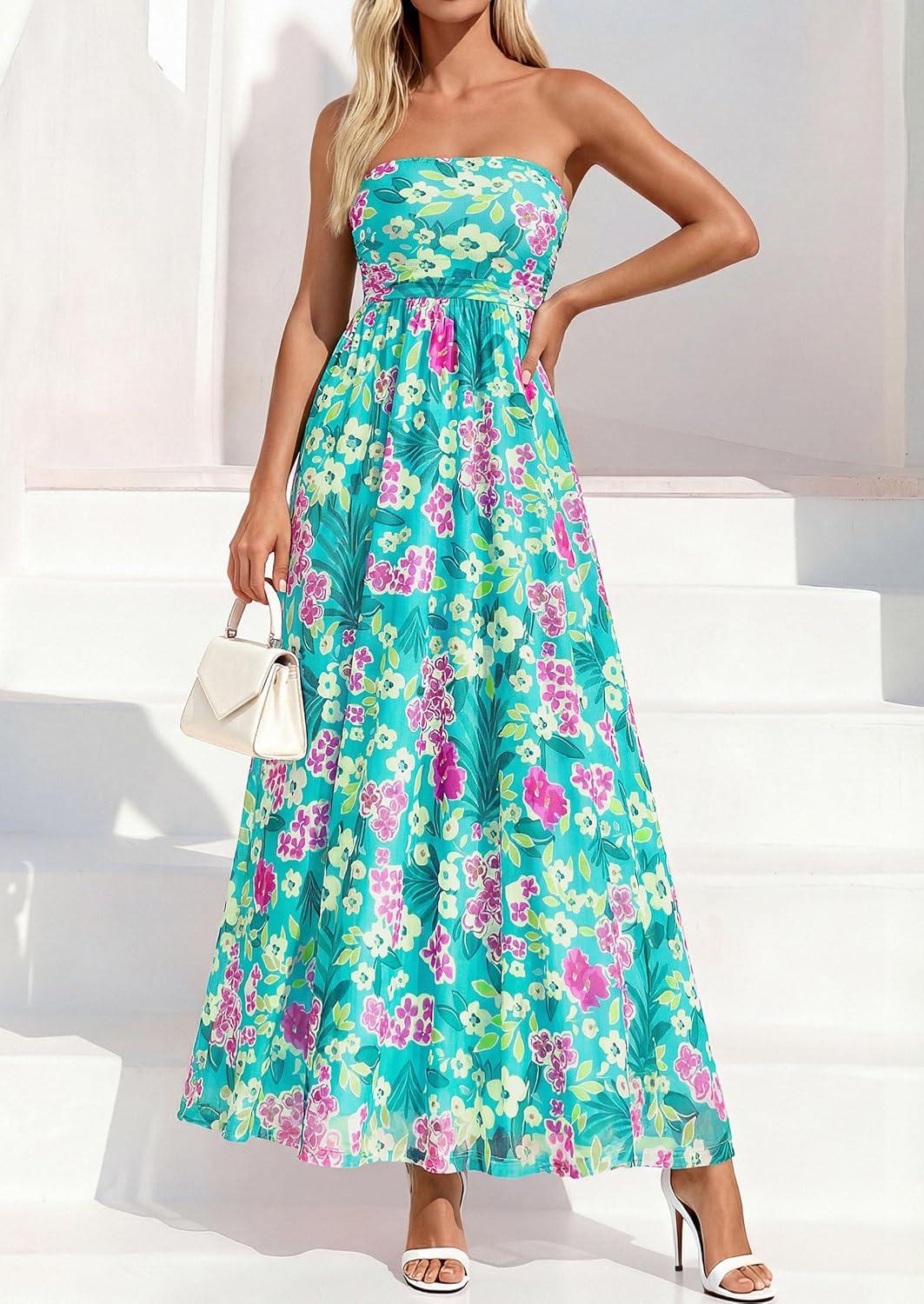 imagePRETTYGARDEN Womens Boho Maxi Dress 2026 Summer Floral Tube Strapless Spring Wedding Guest Cocktail Long DressesFloral Blue Green