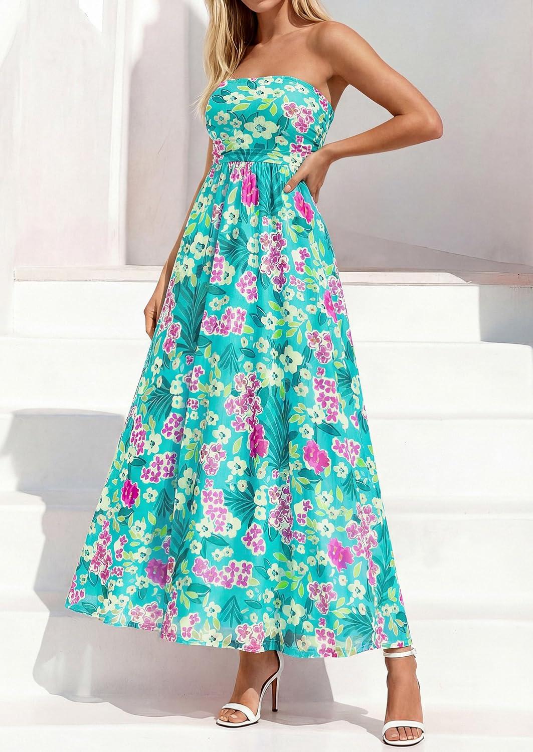 imagePRETTYGARDEN Womens Boho Maxi Dress 2026 Summer Floral Tube Strapless Spring Wedding Guest Cocktail Long DressesFloral Blue Green