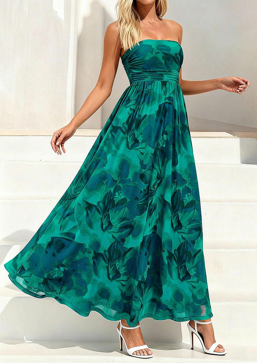 imagePRETTYGARDEN Womens Boho Maxi Dress 2026 Summer Floral Tube Strapless Spring Wedding Guest Cocktail Long DressesFloral Green