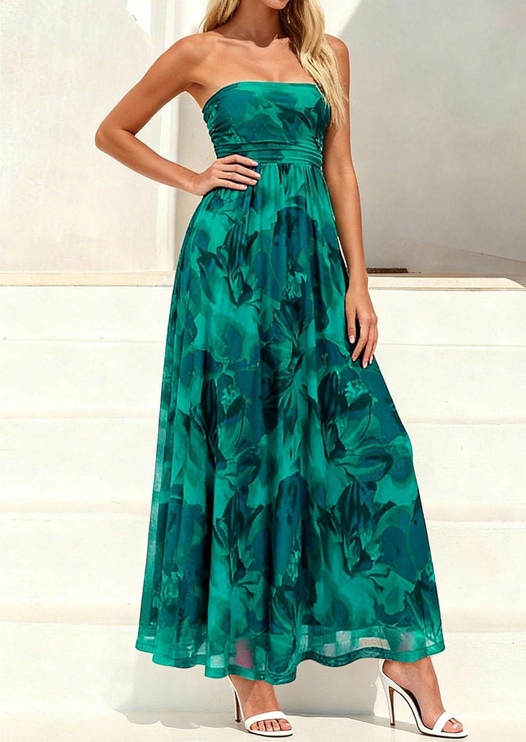 imagePRETTYGARDEN Womens Boho Maxi Dress 2026 Summer Floral Tube Strapless Spring Wedding Guest Cocktail Long DressesFloral Green