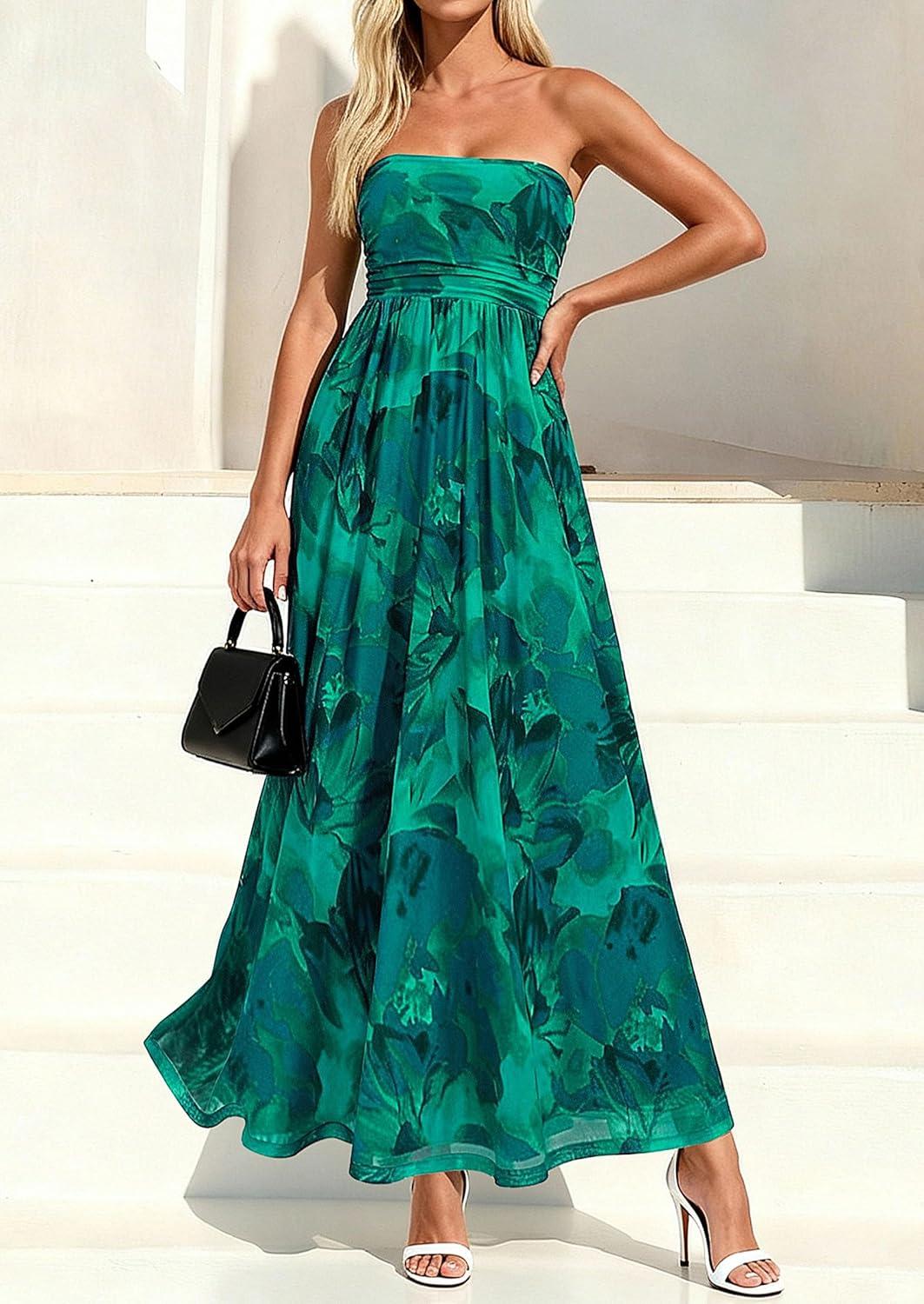 imagePRETTYGARDEN Womens Boho Maxi Dress 2026 Summer Floral Tube Strapless Spring Wedding Guest Cocktail Long DressesFloral Green