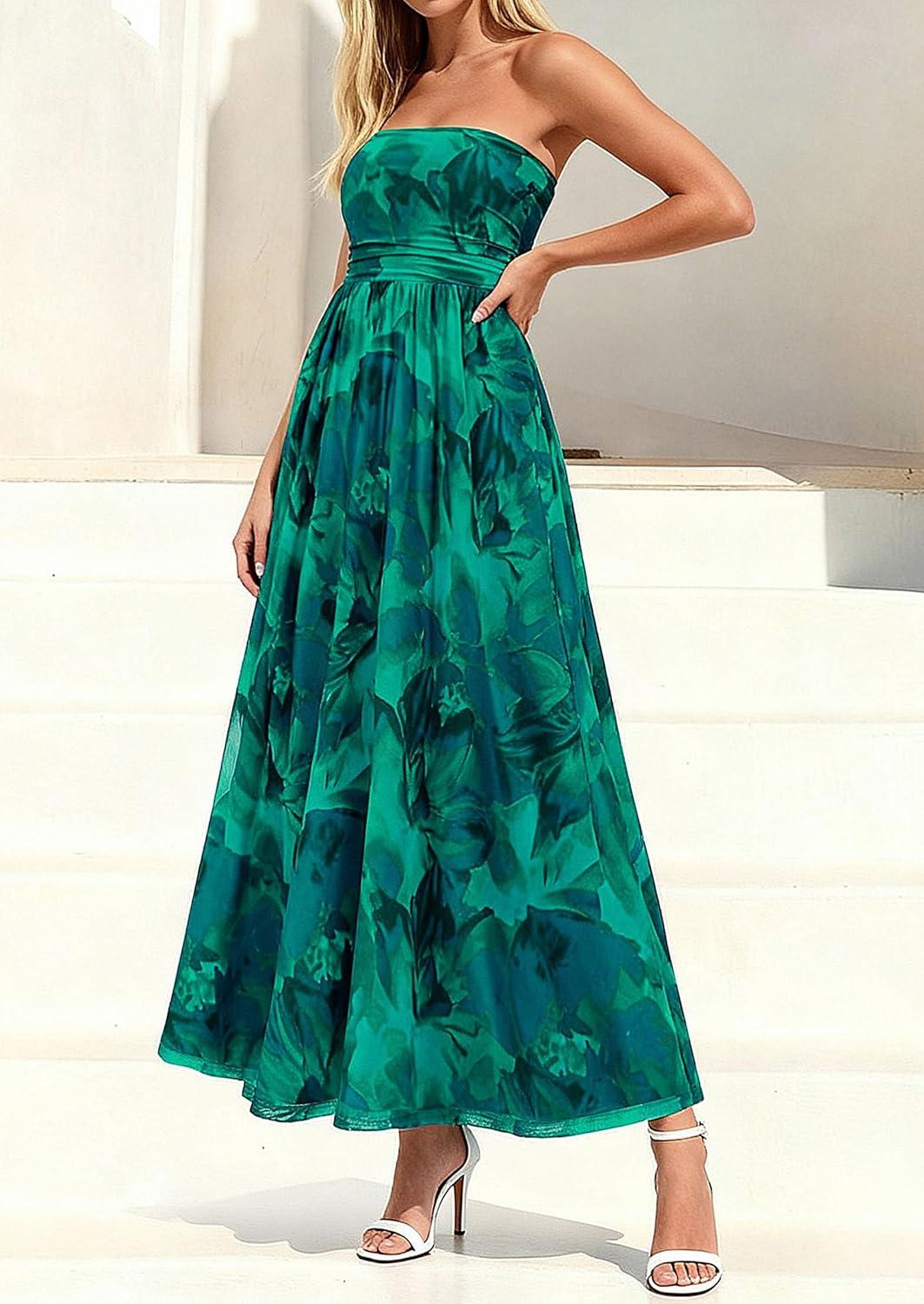 imagePRETTYGARDEN Womens Boho Maxi Dress 2026 Summer Floral Tube Strapless Spring Wedding Guest Cocktail Long DressesFloral Green