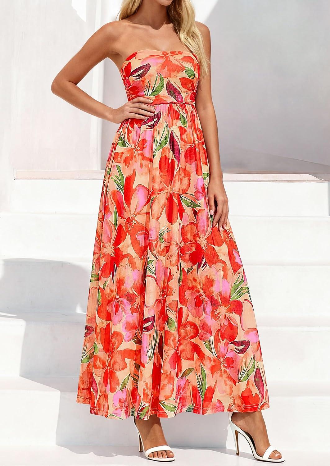 imagePRETTYGARDEN Womens Boho Maxi Dress 2026 Summer Floral Tube Strapless Spring Wedding Guest Cocktail Long DressesFloral Orange