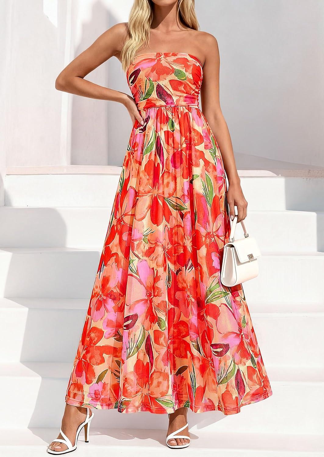 imagePRETTYGARDEN Womens Boho Maxi Dress 2026 Summer Floral Tube Strapless Spring Wedding Guest Cocktail Long DressesFloral Orange