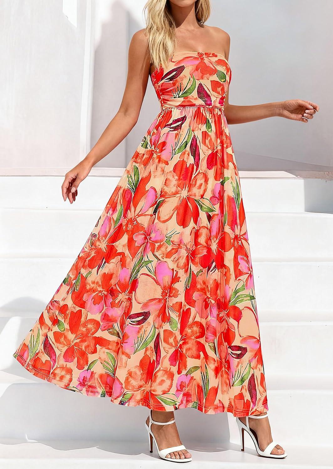 imagePRETTYGARDEN Womens Boho Maxi Dress 2026 Summer Floral Tube Strapless Spring Wedding Guest Cocktail Long DressesFloral Orange