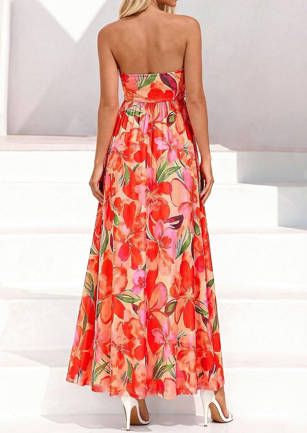 imagePRETTYGARDEN Womens Boho Maxi Dress 2026 Summer Floral Tube Strapless Spring Wedding Guest Cocktail Long DressesFloral Orange