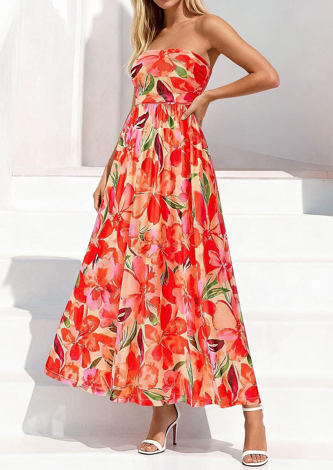imagePRETTYGARDEN Womens Boho Maxi Dress 2026 Summer Floral Tube Strapless Spring Wedding Guest Cocktail Long DressesFloral Orange