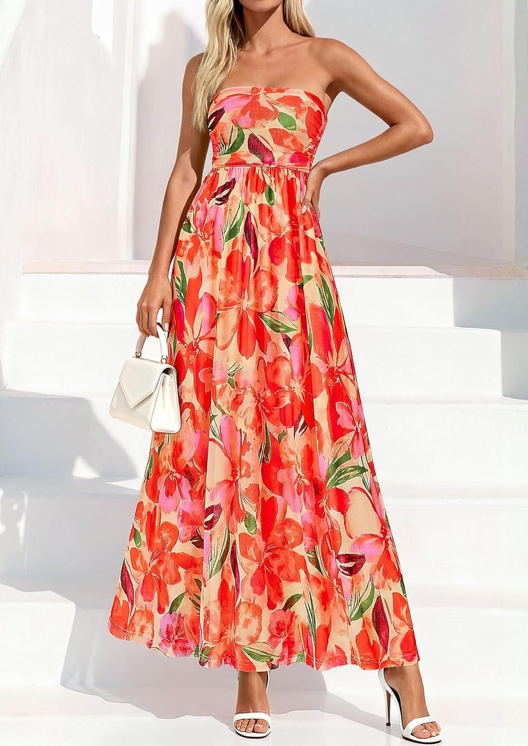imagePRETTYGARDEN Womens Boho Maxi Dress 2026 Summer Floral Tube Strapless Spring Wedding Guest Cocktail Long DressesFloral Orange