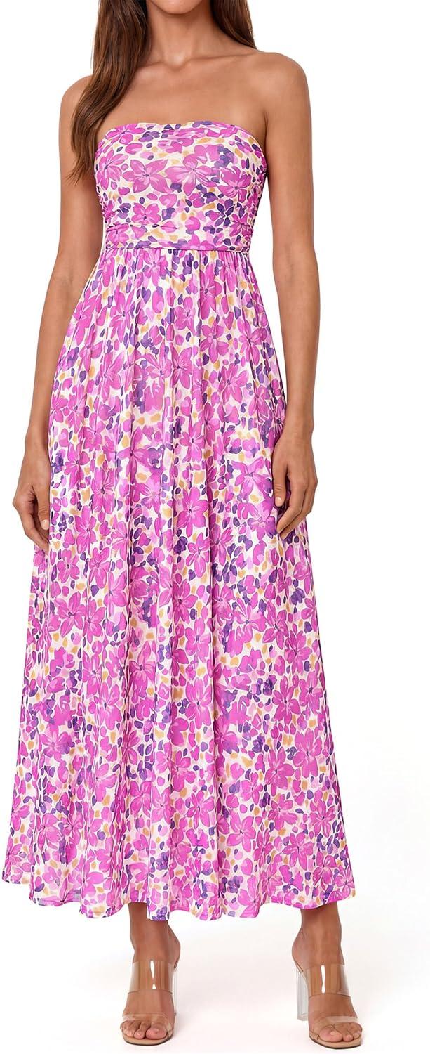 imagePRETTYGARDEN Womens Boho Maxi Dress 2026 Summer Floral Tube Strapless Spring Wedding Guest Cocktail Long DressesFloral Purple