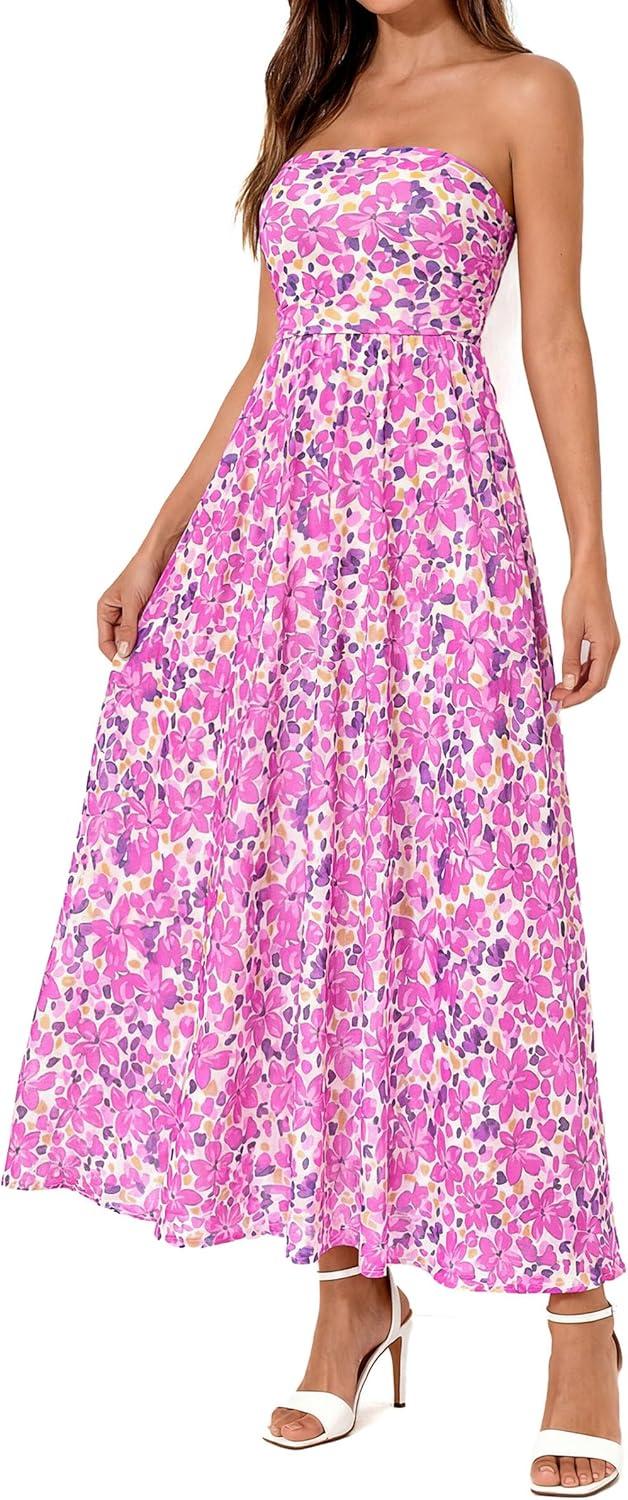 imagePRETTYGARDEN Womens Boho Maxi Dress 2026 Summer Floral Tube Strapless Spring Wedding Guest Cocktail Long DressesFloral Purple