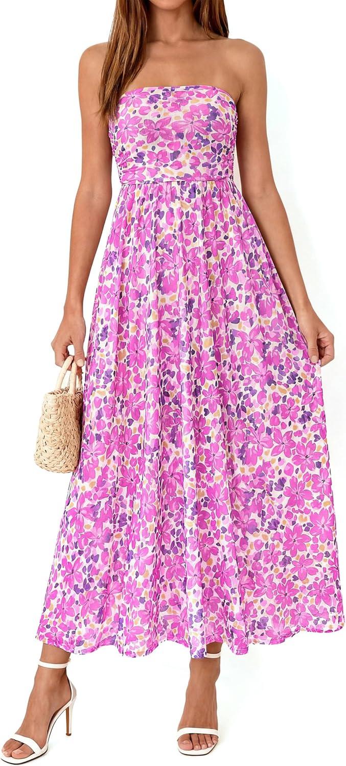 imagePRETTYGARDEN Womens Boho Maxi Dress 2026 Summer Floral Tube Strapless Spring Wedding Guest Cocktail Long DressesFloral Purple