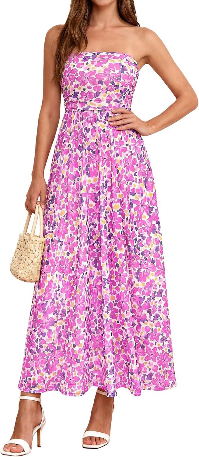 imagePRETTYGARDEN Womens Boho Maxi Dress 2026 Summer Floral Tube Strapless Spring Wedding Guest Cocktail Long DressesFloral Purple
