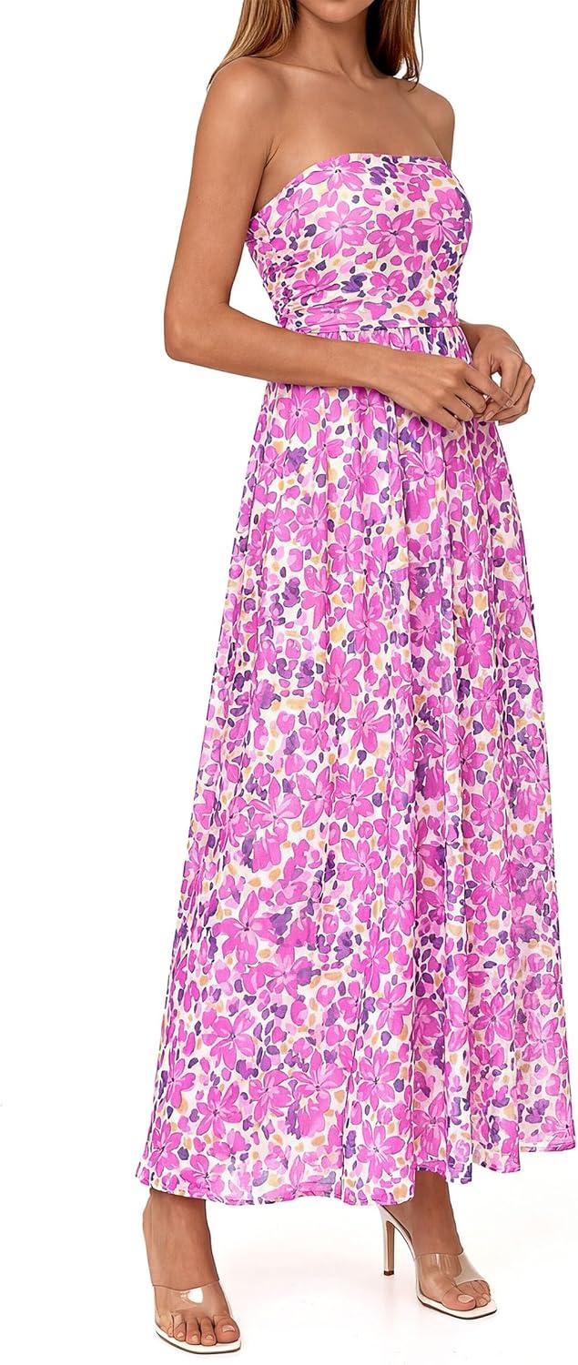 imagePRETTYGARDEN Womens Boho Maxi Dress 2026 Summer Floral Tube Strapless Spring Wedding Guest Cocktail Long DressesFloral Purple