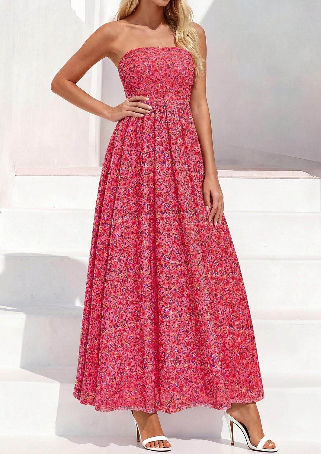 imagePRETTYGARDEN Womens Boho Maxi Dress 2026 Summer Floral Tube Strapless Spring Wedding Guest Cocktail Long DressesFloral Red