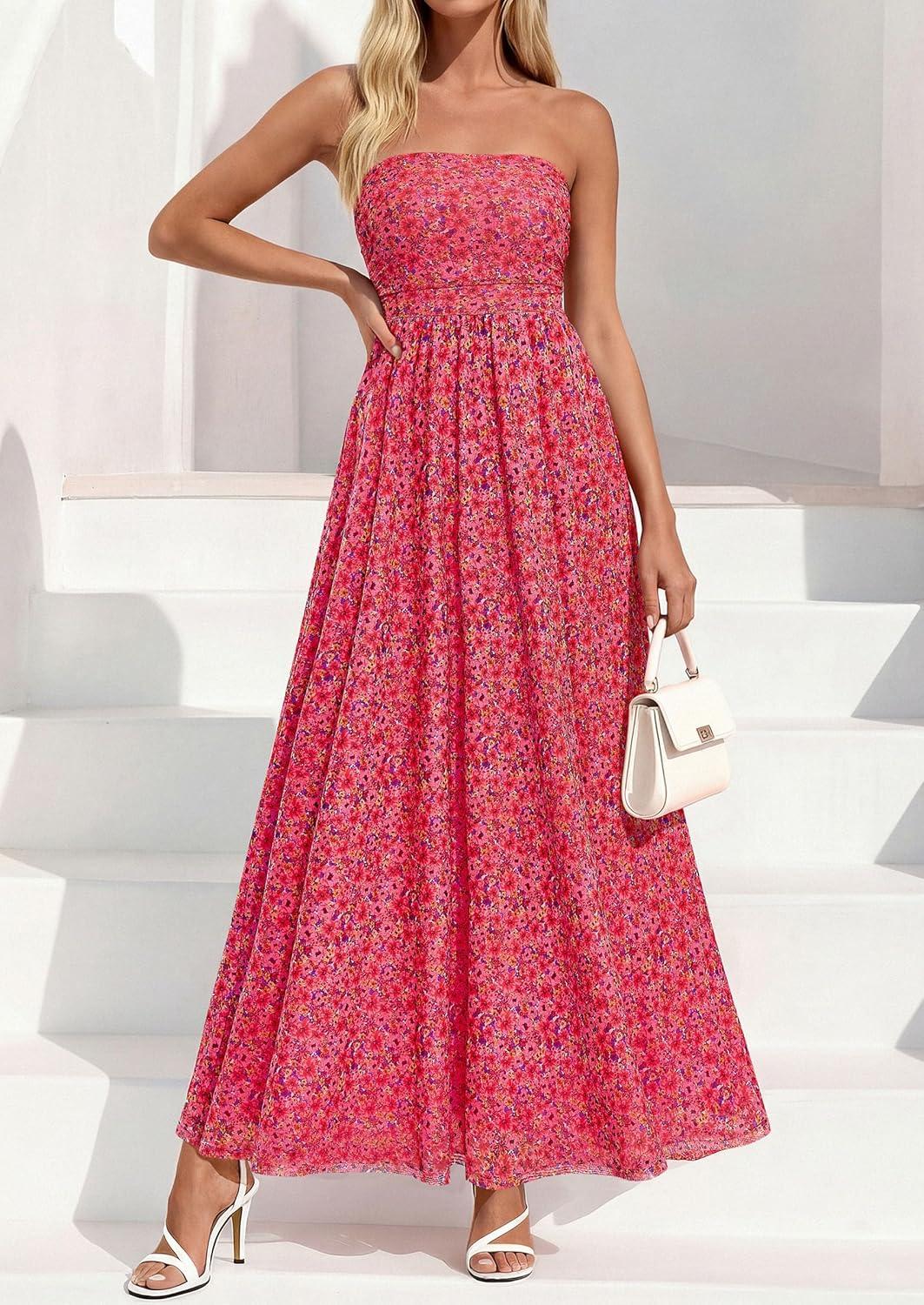 imagePRETTYGARDEN Womens Boho Maxi Dress 2026 Summer Floral Tube Strapless Spring Wedding Guest Cocktail Long DressesFloral Red