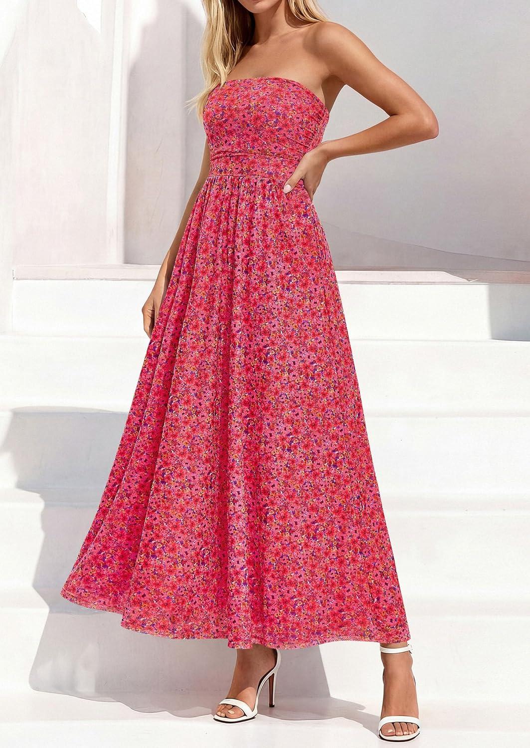 imagePRETTYGARDEN Womens Boho Maxi Dress 2026 Summer Floral Tube Strapless Spring Wedding Guest Cocktail Long DressesFloral Red