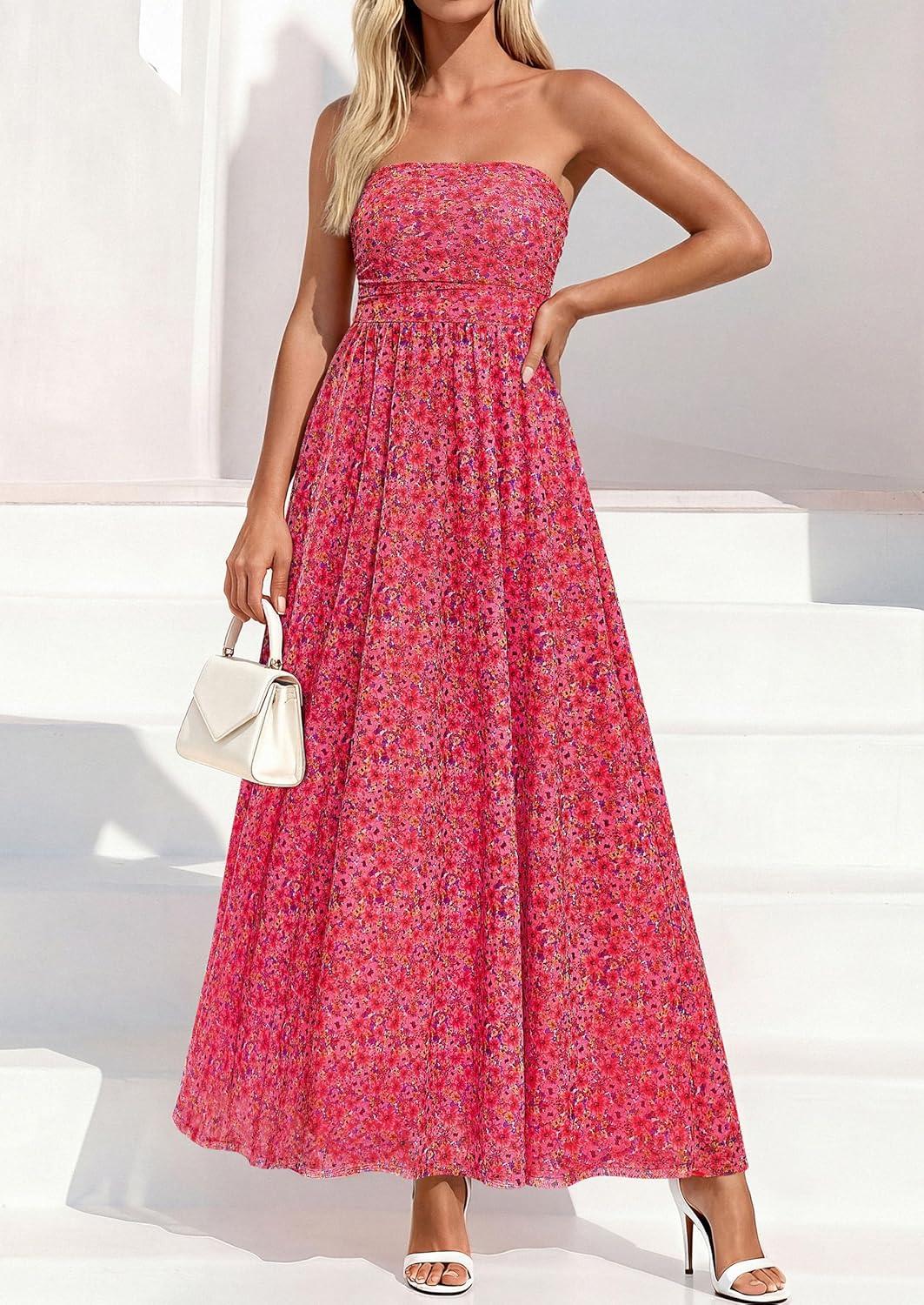 imagePRETTYGARDEN Womens Boho Maxi Dress 2026 Summer Floral Tube Strapless Spring Wedding Guest Cocktail Long DressesFloral Red