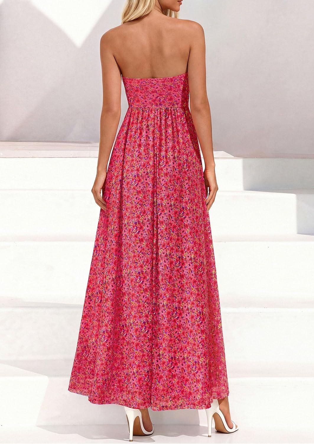 imagePRETTYGARDEN Womens Boho Maxi Dress 2026 Summer Floral Tube Strapless Spring Wedding Guest Cocktail Long DressesFloral Red