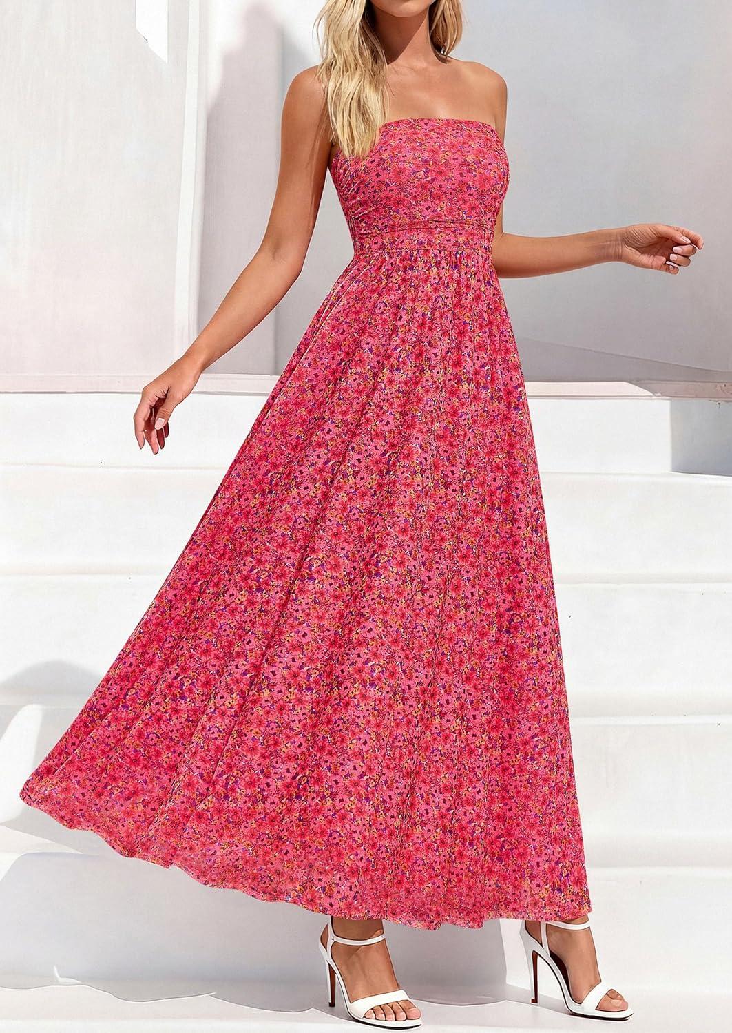 imagePRETTYGARDEN Womens Boho Maxi Dress 2026 Summer Floral Tube Strapless Spring Wedding Guest Cocktail Long DressesFloral Red