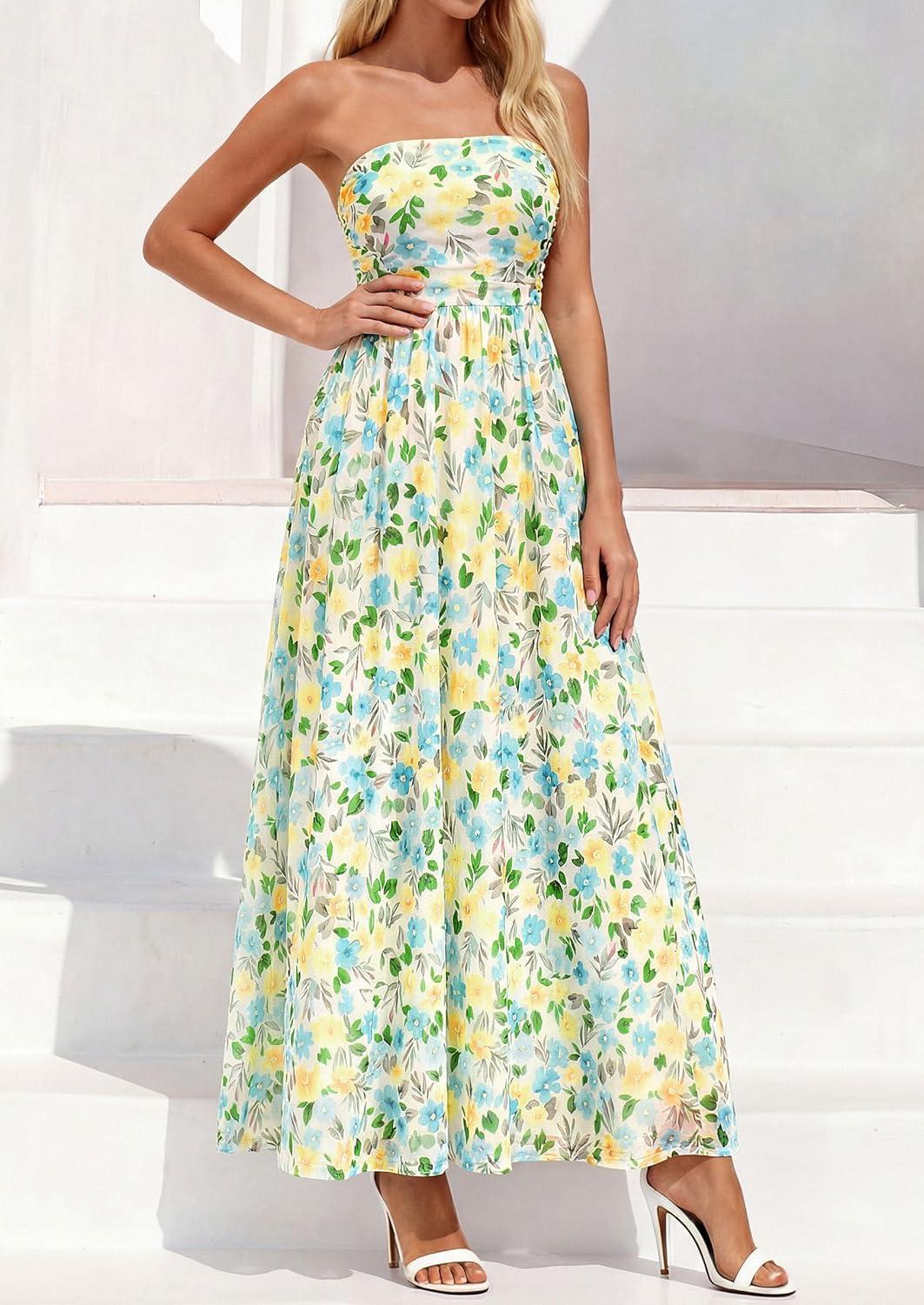imagePRETTYGARDEN Womens Boho Maxi Dress 2026 Summer Floral Tube Strapless Spring Wedding Guest Cocktail Long DressesFloral White Light Green