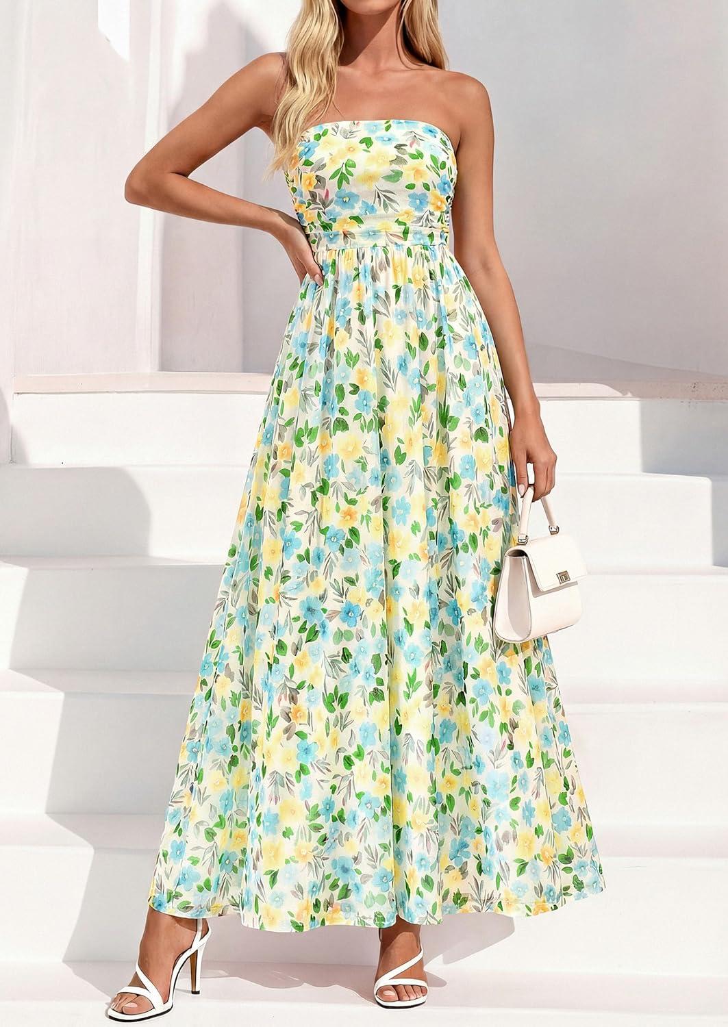 imagePRETTYGARDEN Womens Boho Maxi Dress 2026 Summer Floral Tube Strapless Spring Wedding Guest Cocktail Long DressesFloral White Light Green