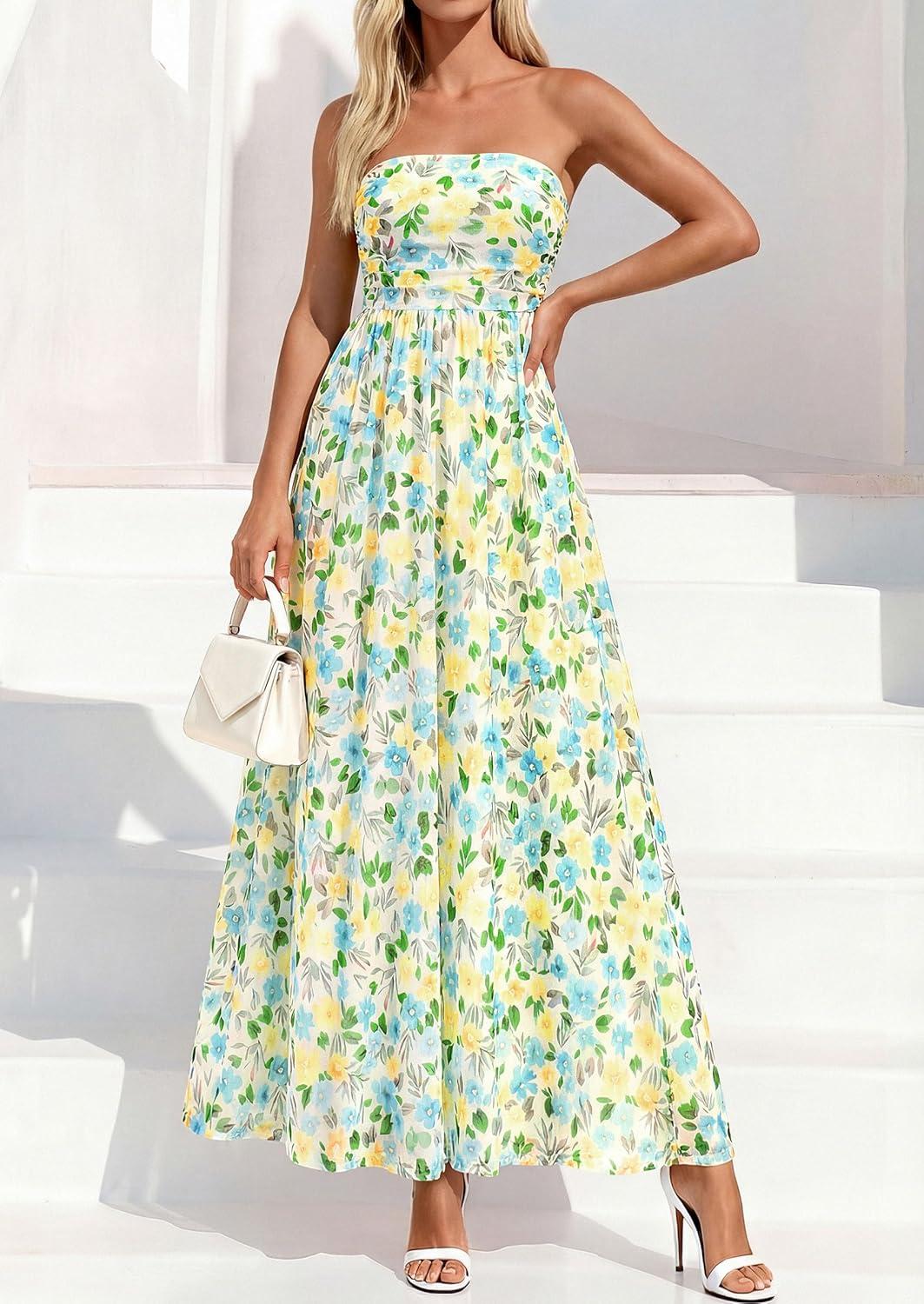 imagePRETTYGARDEN Womens Boho Maxi Dress 2026 Summer Floral Tube Strapless Spring Wedding Guest Cocktail Long DressesFloral White Light Green