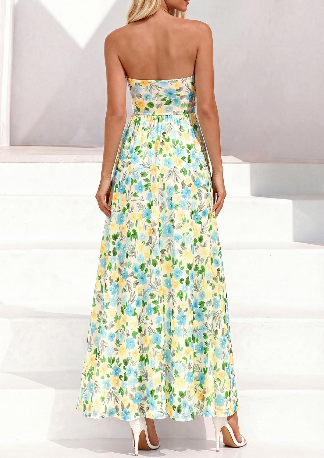 imagePRETTYGARDEN Womens Boho Maxi Dress 2026 Summer Floral Tube Strapless Spring Wedding Guest Cocktail Long DressesFloral White Light Green