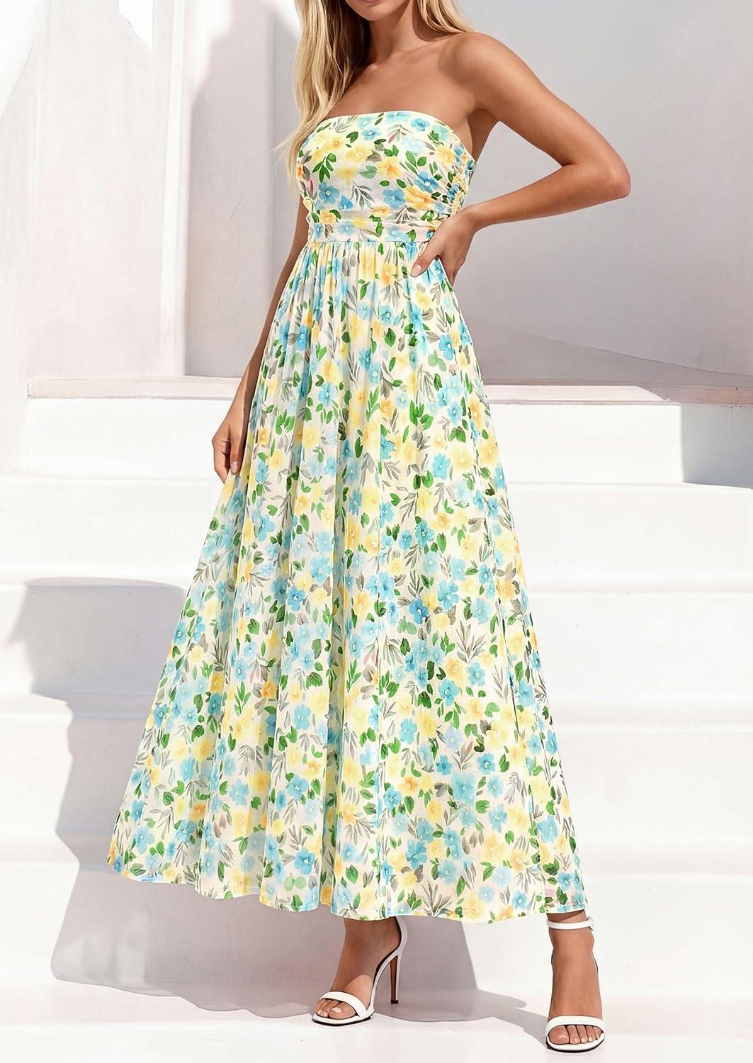 imagePRETTYGARDEN Womens Boho Maxi Dress 2026 Summer Floral Tube Strapless Spring Wedding Guest Cocktail Long DressesFloral White Light Green
