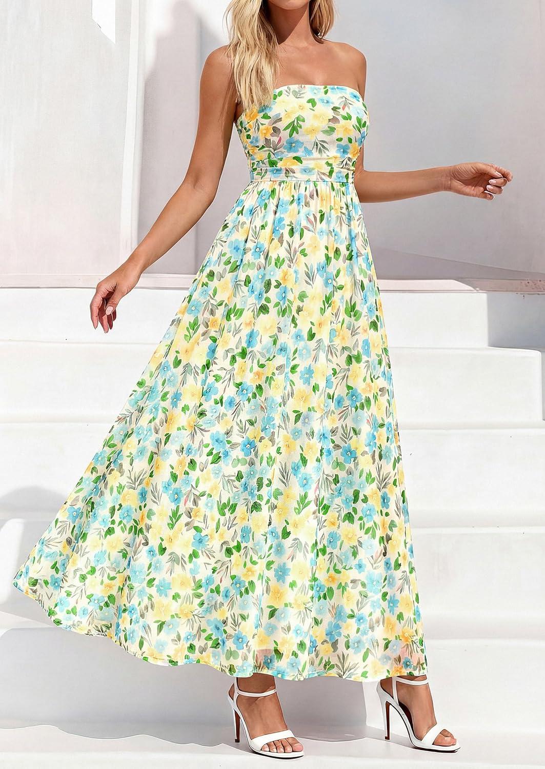 imagePRETTYGARDEN Womens Boho Maxi Dress 2026 Summer Floral Tube Strapless Spring Wedding Guest Cocktail Long DressesFloral White Light Green