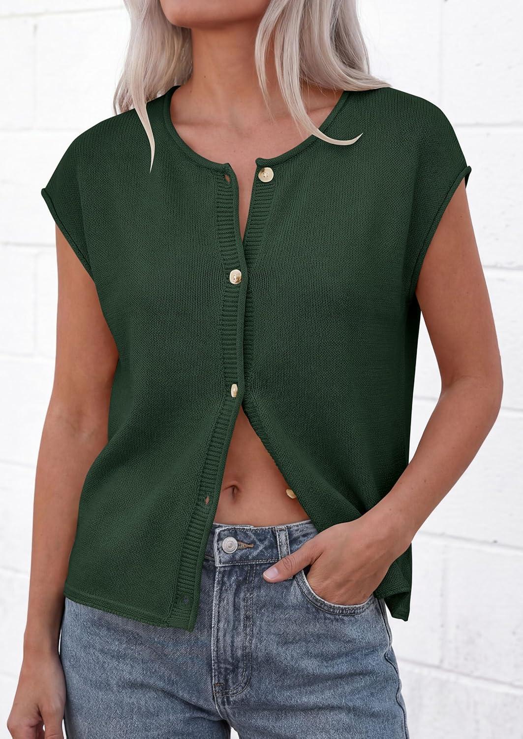 imagePRETTYGARDEN Womens Cap Short Sleeve Sweater Vest 2026 Spring Summer Lightweight Button Down Cardigans Trendy Loose TopsArmy Green