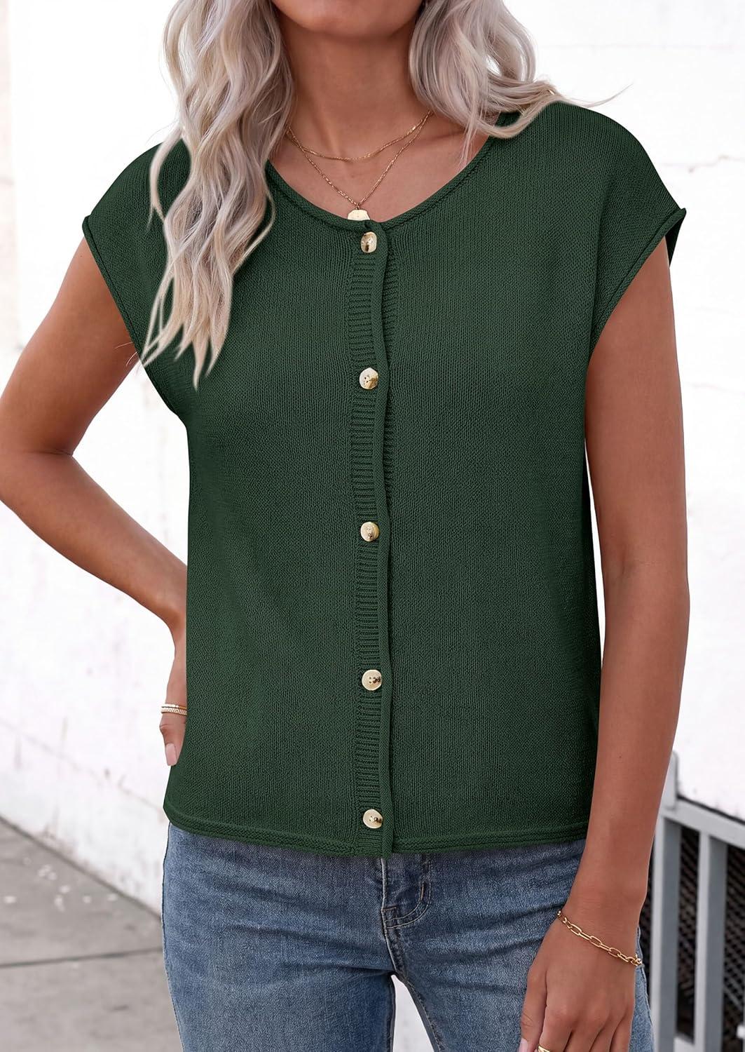 imagePRETTYGARDEN Womens Cap Short Sleeve Sweater Vest 2026 Spring Summer Lightweight Button Down Cardigans Trendy Loose TopsArmy Green