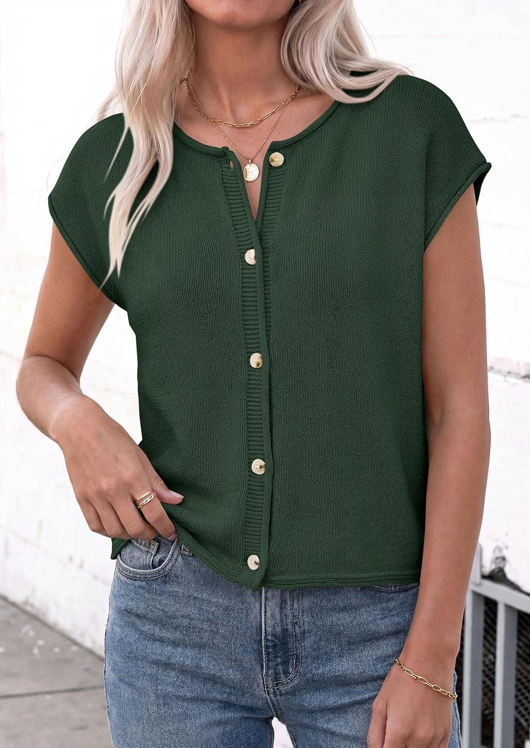 imagePRETTYGARDEN Womens Cap Short Sleeve Sweater Vest 2026 Spring Summer Lightweight Button Down Cardigans Trendy Loose TopsArmy Green