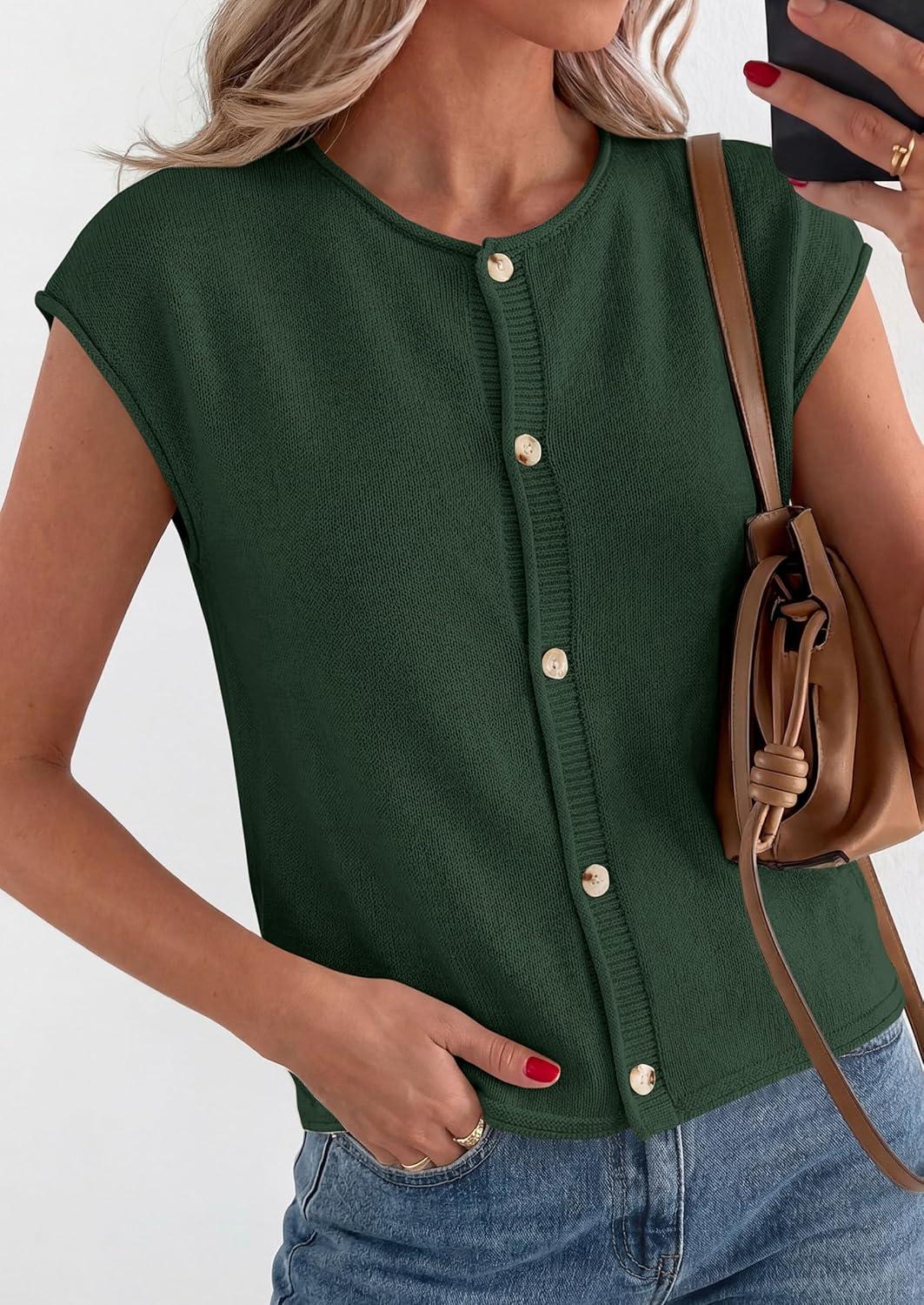 imagePRETTYGARDEN Womens Cap Short Sleeve Sweater Vest 2026 Spring Summer Lightweight Button Down Cardigans Trendy Loose TopsArmy Green